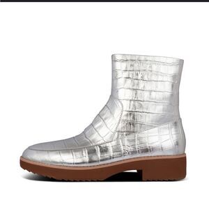 Fitflop Kinbey Croc Embossed‎ Ankle Boots In Silver Sz 6.5 NWOB
